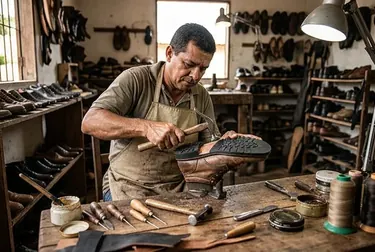 Profissional trocando o solado de um sapato com ferramentas de sapateiro.