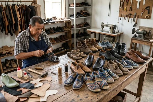 Escolha de sapatos de diferentes estilos dispostos em uma mesa.