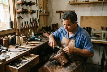 Sapateiro consertando um zíper de bota enquanto organiza suas ferramentas.