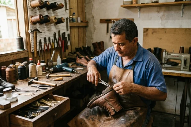 Sapateiro consertando um zíper de bota enquanto organiza suas ferramentas.