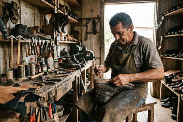 Sapateiro realizando o serviço de reparo em bota em sua oficina.