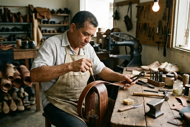 Cinto de couro sendo consertado no ateliê de um sapateiro.
