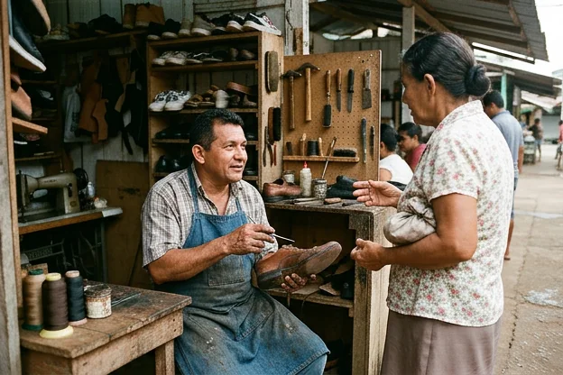Cliente recebendo atendimento gentil no ateliê de sapateiro.