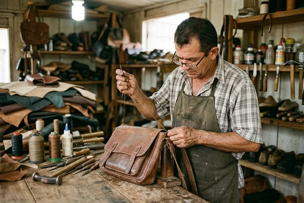 Reforma de bolsa de couro em ateliê de sapateiro.